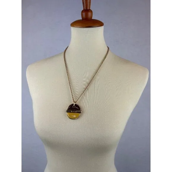 Marc Jacobs Gold Tone Pendant Necklace Enamel Circle Brown Yellow - Picture 2 of 8
